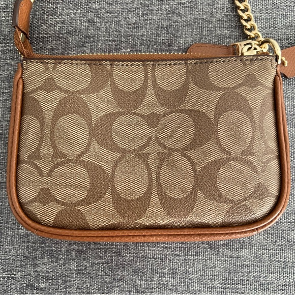Coach Tan Brown Mini Purse Wristlet Gold Chain C Logo Coated Canvas Small Khaki - Picture 5 of 17